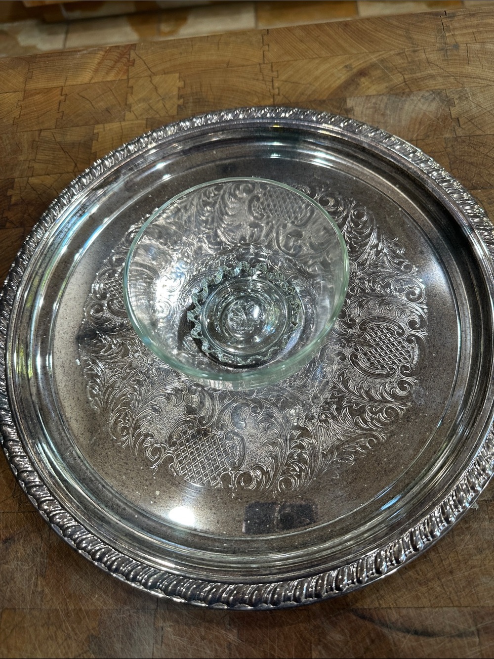 Decorative Silver-Tone Serving Tray with Glass Bowl - Silver